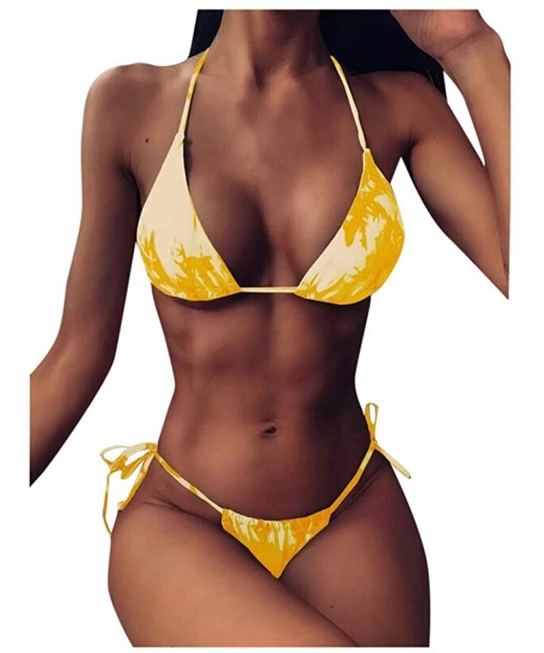 2020 Women's Sexy Tie-Dye Bikini Set Vintage Scoop Neck Front Knot Tops Ruffle Bottom Swimsuit - F-yellow - CW1902ZXGM5 $14.8...