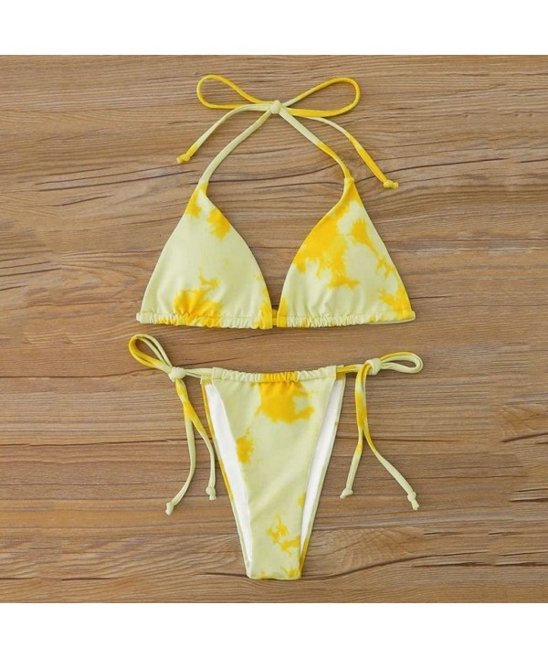 2020 Women's Sexy Tie-Dye Bikini Set Vintage Scoop Neck Front Knot Tops Ruffle Bottom Swimsuit - F-yellow - CW1902ZXGM5 $14.8...