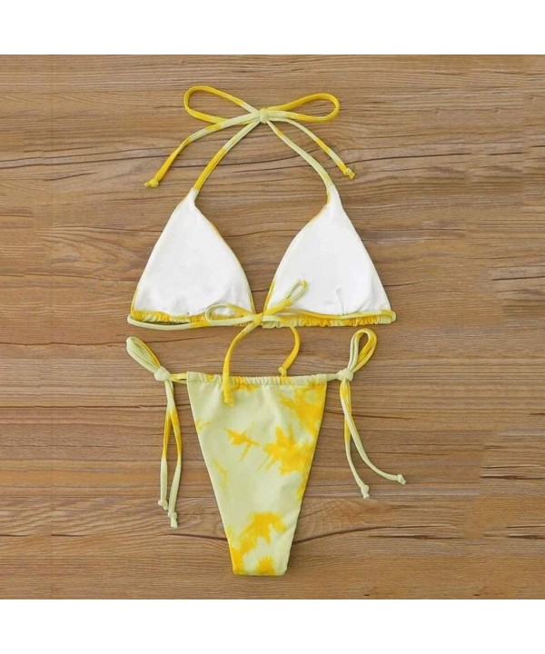 2020 Women's Sexy Tie-Dye Bikini Set Vintage Scoop Neck Front Knot Tops Ruffle Bottom Swimsuit - F-yellow - CW1902ZXGM5 $14.8...