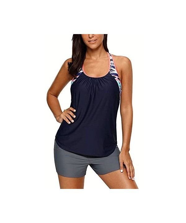 Women Floral Blouson Swimwear T-Back Tankini Top Swimsuit Two Pieces Bathing Swim Tops (S-XXXL) - Navy Blue - CT180GANDUQ $11...