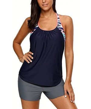 Women Floral Blouson Swimwear T-Back Tankini Top Swimsuit Two Pieces Bathing Swim Tops (S-XXXL) - Navy Blue - CT180GANDUQ $11...