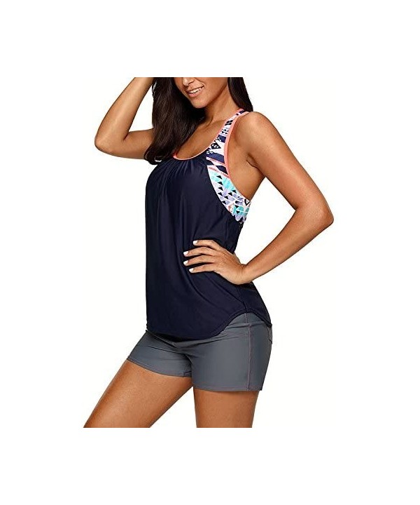 Women Floral Blouson Swimwear T-Back Tankini Top Swimsuit Two Pieces Bathing Swim Tops (S-XXXL) - Navy Blue - CT180GANDUQ $11...