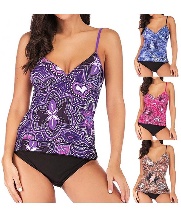 Women Two-Piece Swimsuit Large Size High Waist Retro Printed Bikini Set - Purple - C318SAT2GQ7 $25.82-Sets