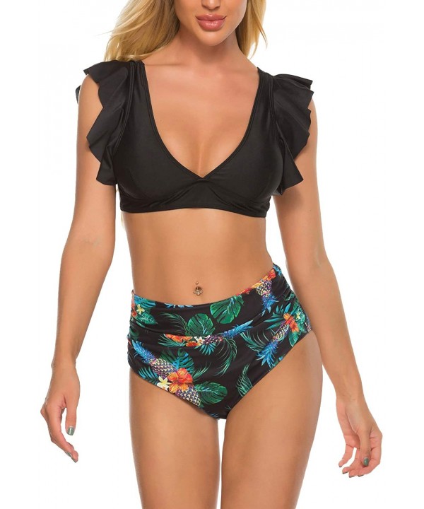 Women's Ruffle Two Piece High Waisted Swimsuits Push Up Tropical Print Bikini Sets - A Black - CQ195ET9UAW $13.79-Sets