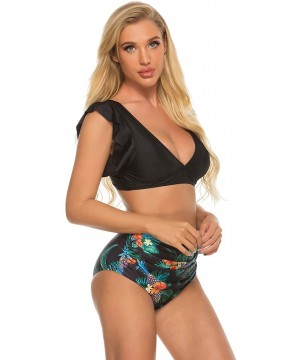 Women's Ruffle Two Piece High Waisted Swimsuits Push Up Tropical Print Bikini Sets - A Black - CQ195ET9UAW $13.79-Sets