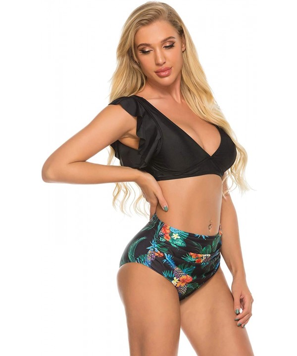 Women's Ruffle Two Piece High Waisted Swimsuits Push Up Tropical Print Bikini Sets - A Black - CQ195ET9UAW $13.79-Sets