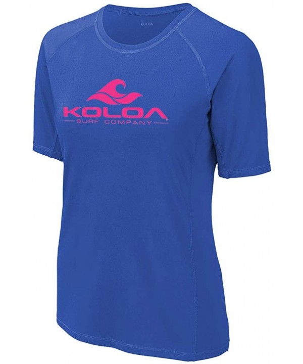 Ladies Classic Wave Logo UPF 50 Rashguard Tees in Sizes XS-4XL - True Royal / Pink Logo - CS19470Q5MU $35.03-Rash Guards