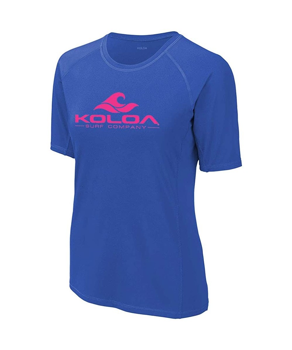 Ladies Classic Wave Logo UPF 50 Rashguard Tees in Sizes XS-4XL - True Royal / Pink Logo - CS19470Q5MU $35.03-Rash Guards