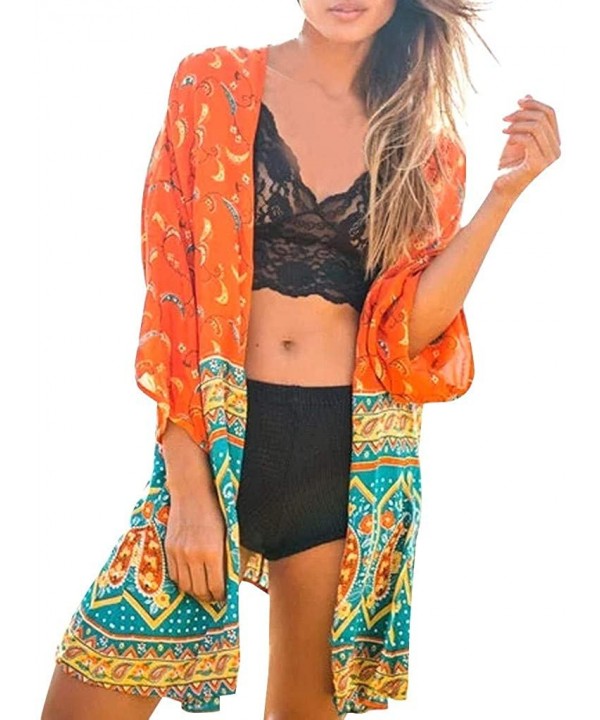 Floral Cover Up Cardigan Loose Kimono for Women Casual Tops Blouse Capes - Floral Cover Up Cardigan - Orange - C4194MXKALH $1...