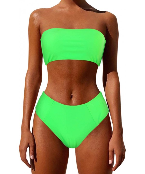 Women's Bandeau Bikini High Waist Swimsuit 2 Pieces Strapless Swimwear - Green-neon - C818AMT82D3 $19.61-Sets