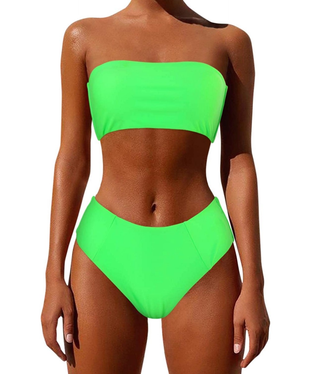 Women's Bandeau Bikini High Waist Swimsuit 2 Pieces Strapless Swimwear - Green-neon - C818AMT82D3 $19.61-Sets