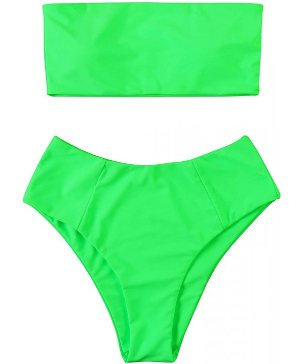 Women's Bandeau Bikini High Waist Swimsuit 2 Pieces Strapless Swimwear - Green-neon - C818AMT82D3 $19.61-Sets