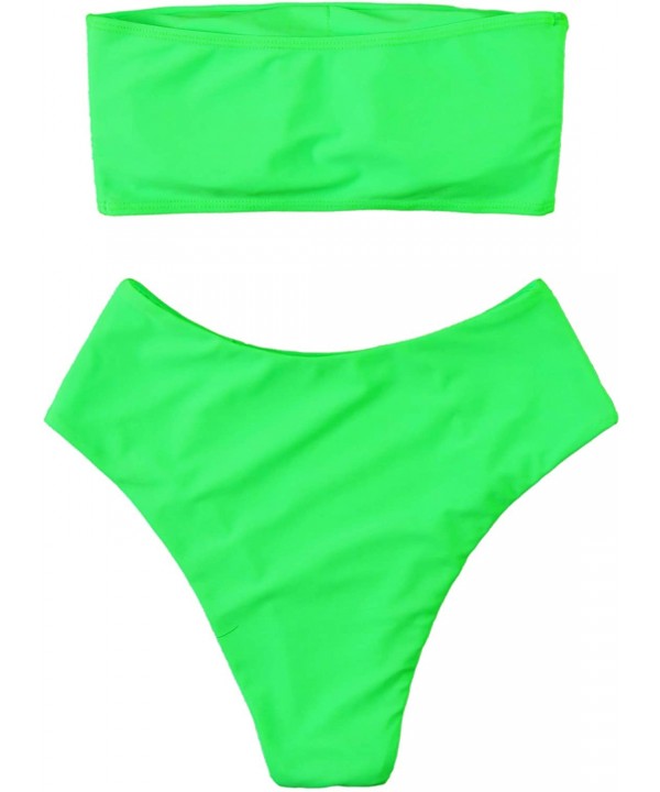 Women's Bandeau Bikini High Waist Swimsuit 2 Pieces Strapless Swimwear - Green-neon - C818AMT82D3 $19.61-Sets