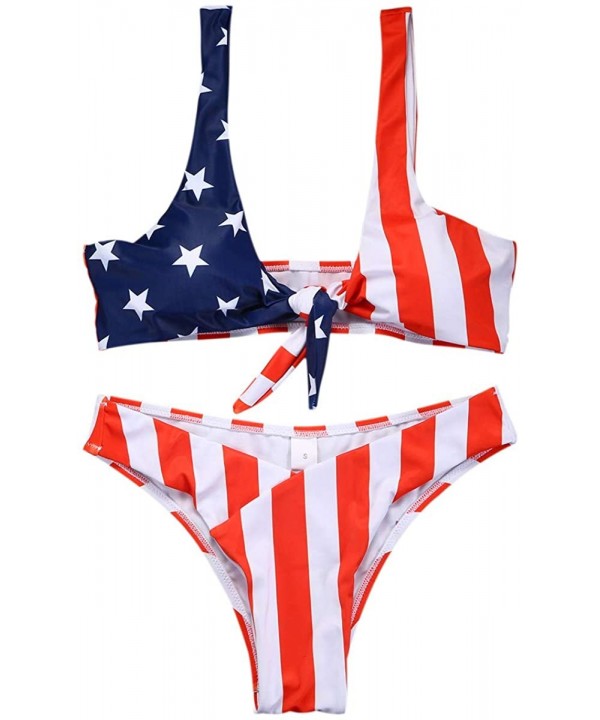 Tie Knot Front American USA Flag Bikini Set Triangle Cheeky Bottom Two-Piece Bathing Suit - Usa Flag1 - CJ19034HHHZ $21.16-Sets