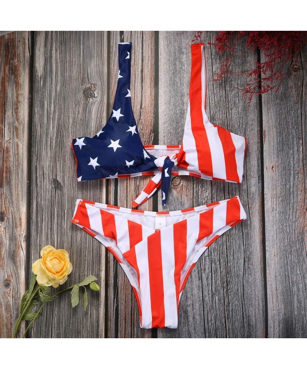 Tie Knot Front American USA Flag Bikini Set Triangle Cheeky Bottom Two-Piece Bathing Suit - Usa Flag1 - CJ19034HHHZ $21.16-Sets