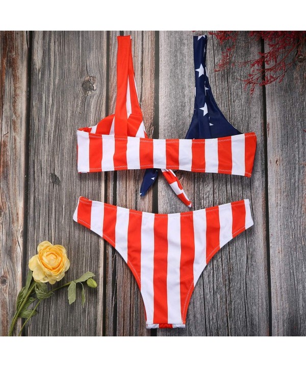 Tie Knot Front American USA Flag Bikini Set Triangle Cheeky Bottom Two-Piece Bathing Suit - Usa Flag1 - CJ19034HHHZ $21.16-Sets