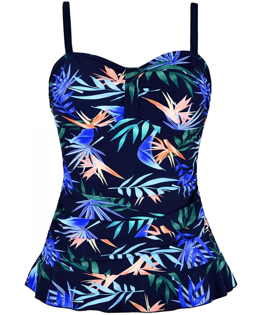 Women's Swim Top Padded Ruffle Hem Shirred Swimwear Tankini Swimsuit Top - Blue&green Leaves - C319EG8EQN0 $26.03-Tops