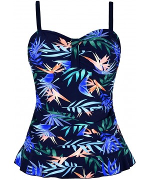 Women's Swim Top Padded Ruffle Hem Shirred Swimwear Tankini Swimsuit Top - Blue&green Leaves - C319EG8EQN0 $26.03-Tops