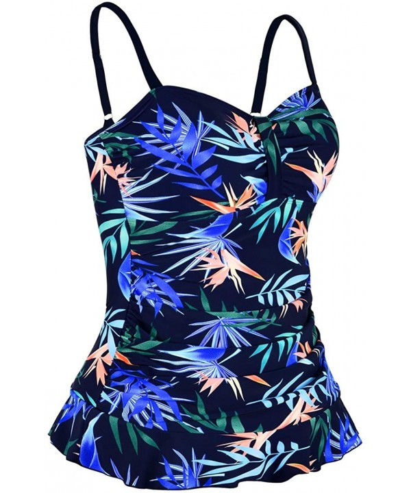 Women's Swim Top Padded Ruffle Hem Shirred Swimwear Tankini Swimsuit Top - Blue&green Leaves - C319EG8EQN0 $26.03-Tops