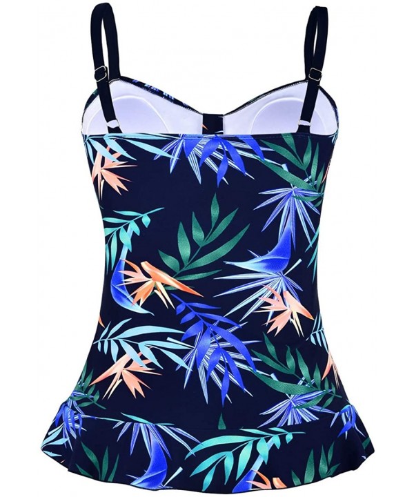 Women's Swim Top Padded Ruffle Hem Shirred Swimwear Tankini Swimsuit Top - Blue&green Leaves - C319EG8EQN0 $26.03-Tops