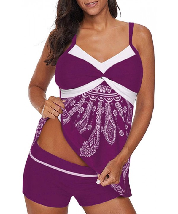 Womens Sexy Halter Patchwork Printed Open Back Tankini Top Set Two Piece Swimsuits - X-purple - C318R9HG469 $26.23-One-Pieces