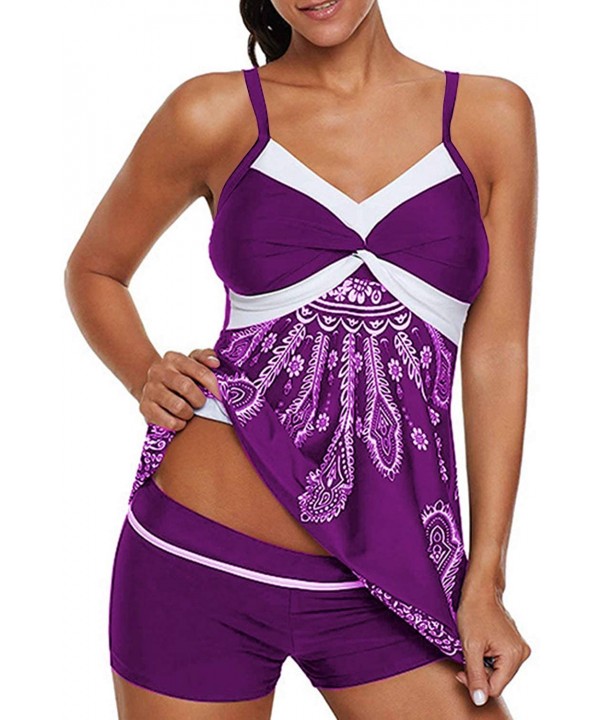 Womens Sexy Halter Patchwork Printed Open Back Tankini Top Set Two Piece Swimsuits - X-purple - C318R9HG469 $26.23-One-Pieces