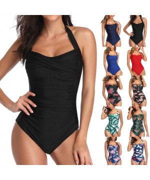 Swimsuits for Women Plus Size-Swimwear Halter One Piece Swimsuit Ruched Padded Bathing Suits Slimming Vintage Bikini - Black ...