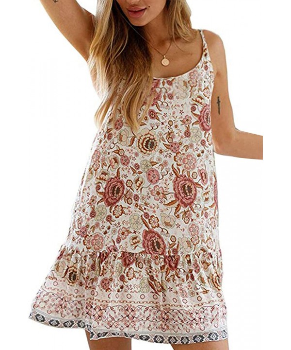 Women's Summer Dress Floral Printed Boho Mini Dresses Sleeveless Spaghetti Strap Swing Beach Dress Casual Sundress - C-white ...