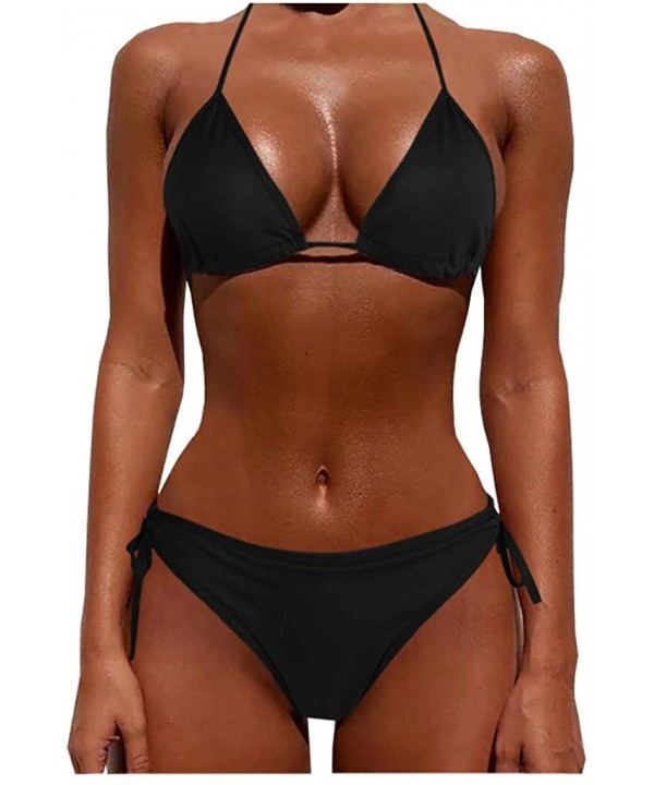 Women Tie Side Bottom Padded Top Triangle Bikini String Beach Bathing Suit Two Piece Swimsuit - Black - C2196OZDZHD $13.61-Ta...