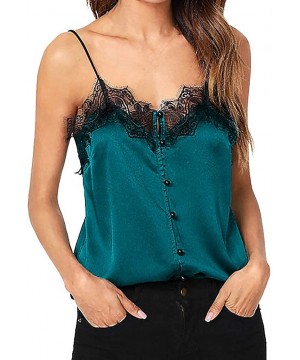 Camis for Women Sleeveless Blouse Eyelash Lace Camisole Button Down Blouse Solid Shirt Sexy Tee Womens Tops Blue - CP18Q3DQDL...