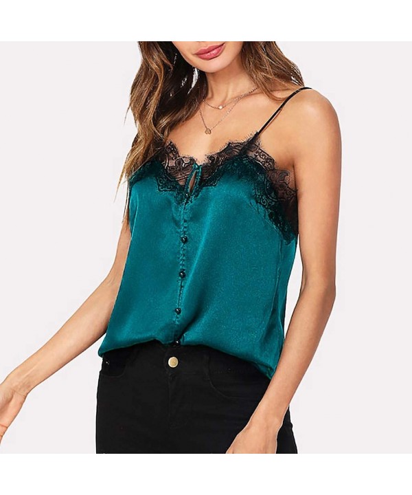 Camis for Women Sleeveless Blouse Eyelash Lace Camisole Button Down Blouse Solid Shirt Sexy Tee Womens Tops Blue - CP18Q3DQDL...