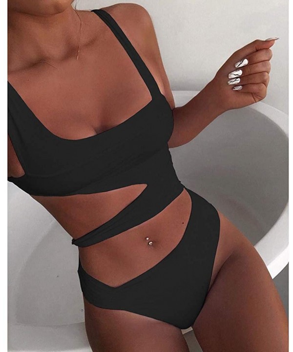 Womens Cutout One Piece Swimsuit Solid Color Bathing Suit Padded Swimwear Monokini - Black - CH193Y5CM3N $15.21-Racing