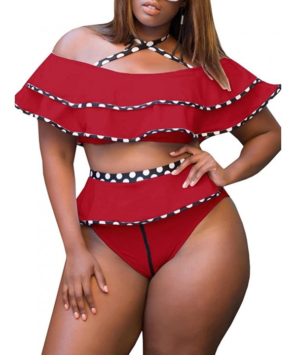 Womens Plus Size Off Shoulder Swimsuit Two Piece Ruffled High Waist Push Up Bikini - Red - CK18GQM0X0D $18.06-Sets