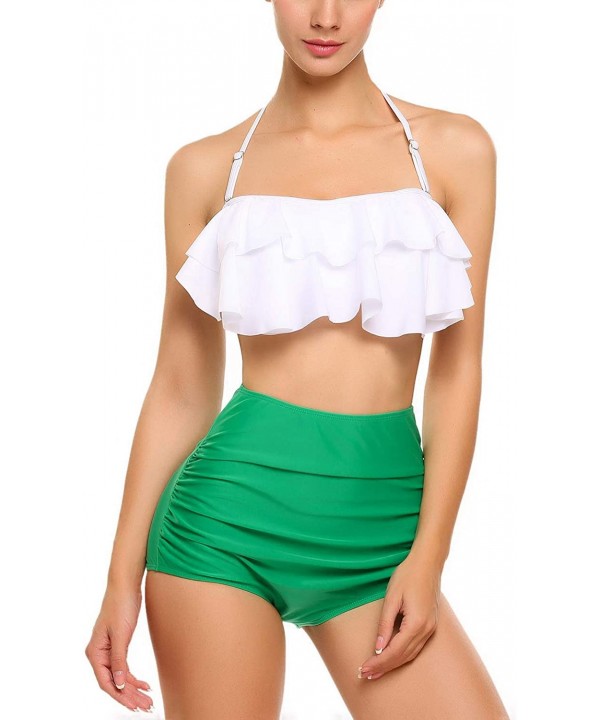 Women Flounce High Waisted Bikini Halter Neck Two Piece Swimsuit - 1-white - C518TQLGHO9 $19.34-Sets