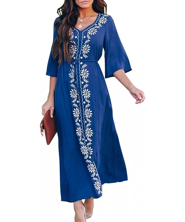 Kaftan Cover Ups for Women Casual Beachwear Long Beach Plus Size Caftan Loungewear Summer Dresses Navy Embroidered - CS198XMW...