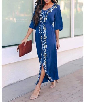 Kaftan Cover Ups for Women Casual Beachwear Long Beach Plus Size Caftan Loungewear Summer Dresses Navy Embroidered - CS198XMW...