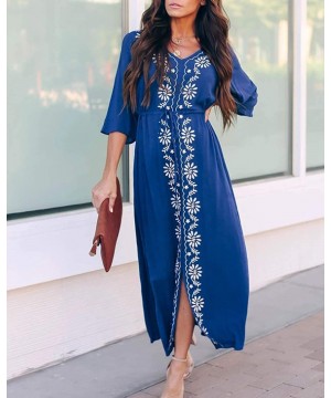 Kaftan Cover Ups for Women Casual Beachwear Long Beach Plus Size Caftan Loungewear Summer Dresses Navy Embroidered - CS198XMW...