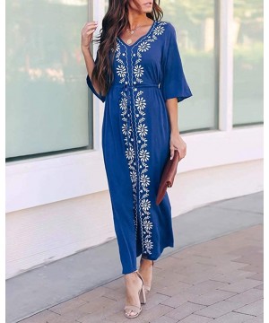 Kaftan Cover Ups for Women Casual Beachwear Long Beach Plus Size Caftan Loungewear Summer Dresses Navy Embroidered - CS198XMW...