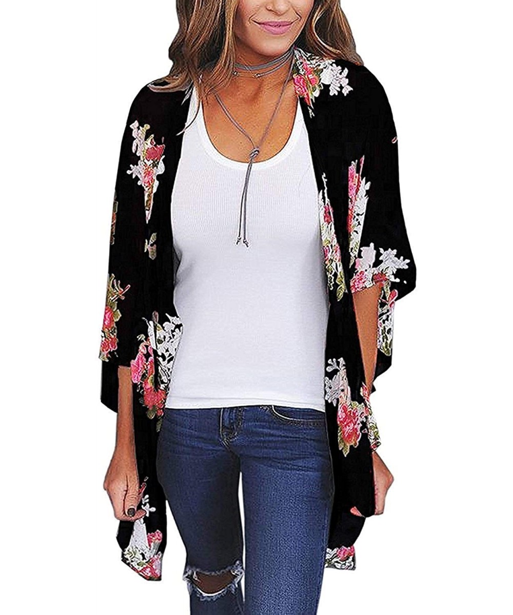 Womens Kimono Beach Cover Up Chiffon Cardigan Floral Tops Loose Capes - Flower Black - CQ18QKO8I0D $15.72-Cover-Ups