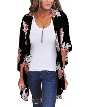 Womens Kimono Beach Cover Up Chiffon Cardigan Floral Tops Loose Capes - Flower Black - CQ18QKO8I0D $15.72-Cover-Ups