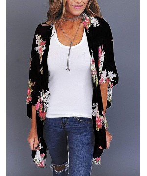 Womens Kimono Beach Cover Up Chiffon Cardigan Floral Tops Loose Capes - Flower Black - CQ18QKO8I0D $15.72-Cover-Ups