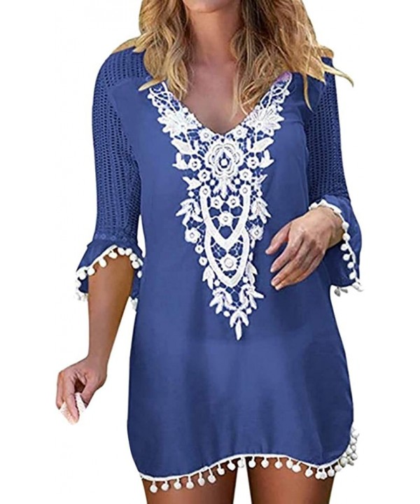 2020 Women Bikini Cover Up Pom Trim Tassel Lace Crochet Swimwear Beach Cardigan - Blue - CJ1966ZS23N $33.34-Cover-Ups