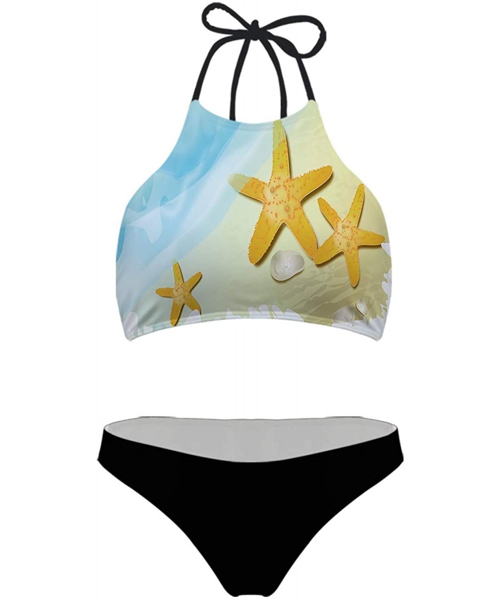 Women Bikini Set Swimwear 3D Print Tie Halter Padding 2 Piece Summer Beach Swimsuit High Neck - Starfish - C3195TWNQ5S $17.62...