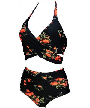 Women's Ruched Ruffle High Waist Two Piece Bikini Set Cross Wrap Underwire Bra Top Sport Bath Swimsuit(FBA) - Black Tangerine...