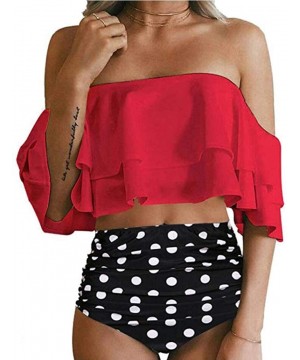 Women's Two Pieces Off Shoulder Ruffled Flounce Swimsuits High Waisted Bottoms Bikini Sets - Red - CD18SOM7N6Y $13.60-Sets