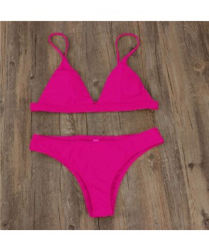 Women's Swimwear Two-Piece Bikini Set Solid Pad Push up Swimsuit Strap Low Waist Swimwear - Hot Pink - C718SY25IOI $15.14-Racing