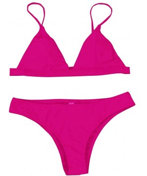 Women's Swimwear Two-Piece Bikini Set Solid Pad Push up Swimsuit Strap Low Waist Swimwear - Hot Pink - C718SY25IOI $15.14-Racing