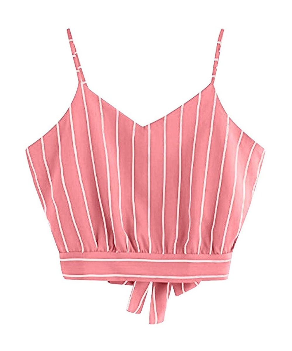 2020 Summer Womens Camisole Sleeveless Striped Button Camis Spaghetti Strappy Bowknot Crop Tank Tops Vests 1 Pink - CK18R6XCH...