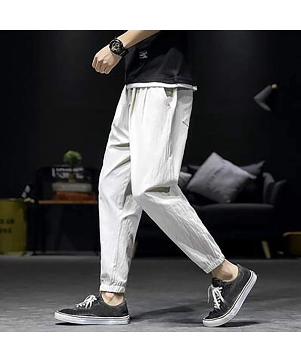 Men's Pants Casual Cotton Linen Trousers Loose-fit Beam Foot Beach Drawstring Pants with Pockets - Beige - CQ18W0XOCG2 $16.01...