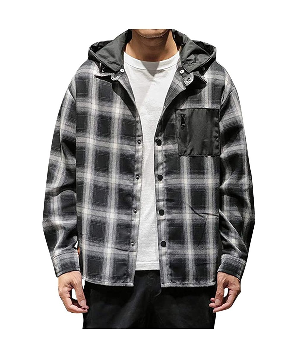 Men's Button Down Shirt Plus Size Fashion Plaid Long Sleeve Casual Removable Hoodie T-Shirts Cardigan Outwear - Black - CI18W...